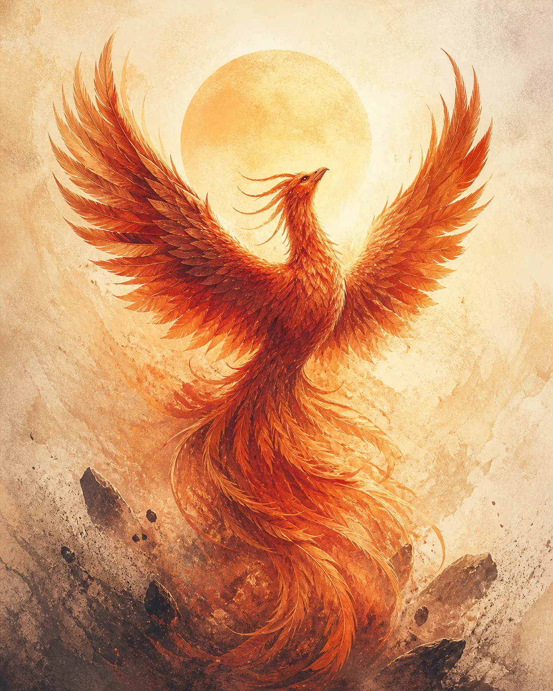 Original painterly illustration of a red and gold firebird lifting its wings before a pale sun